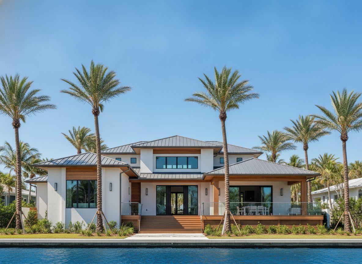 Completed modern coastal custom home exterior with palms in bright sun
