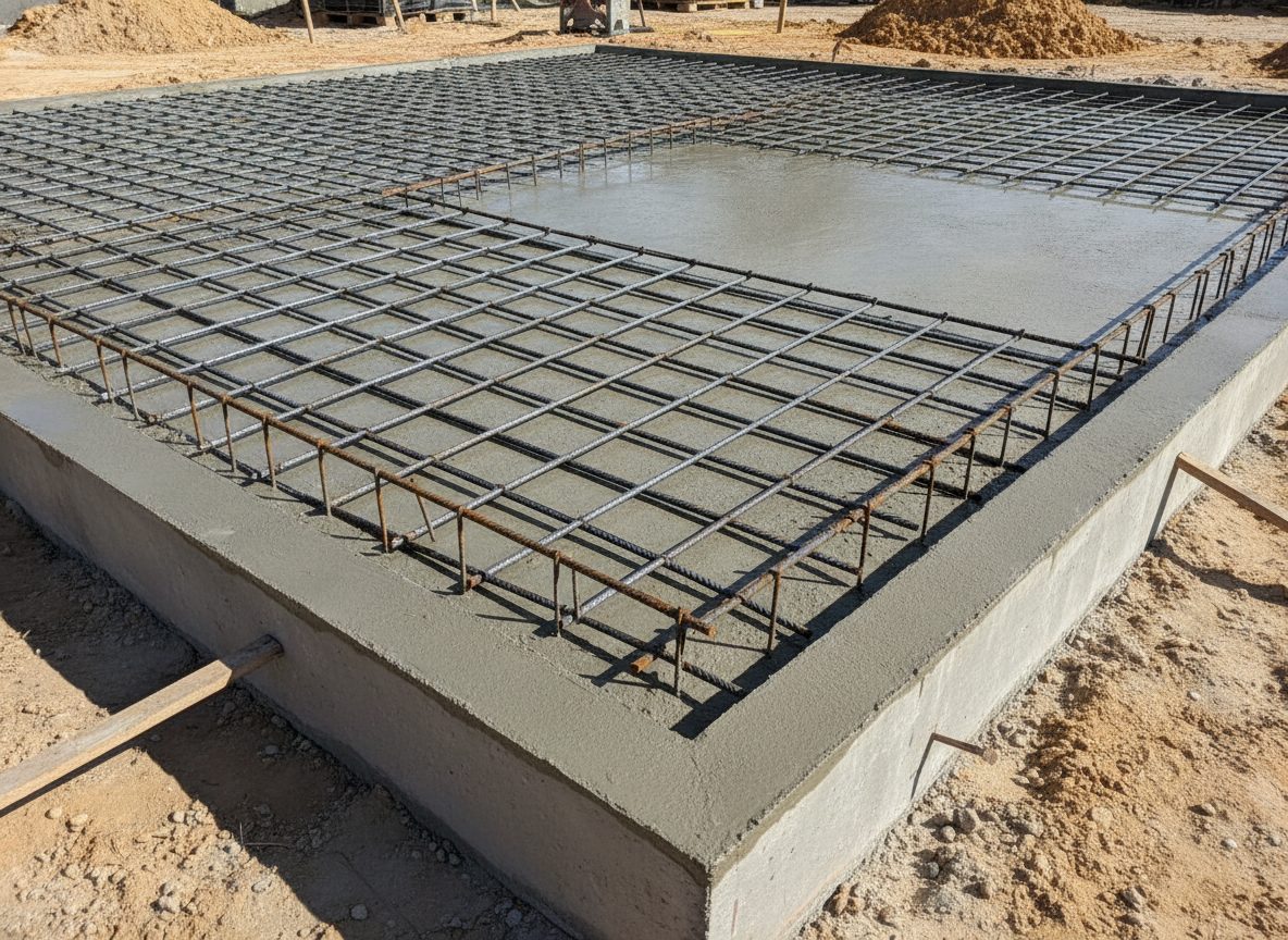 Freshly poured concrete foundation slab with a grid of steel rebar in bright sun