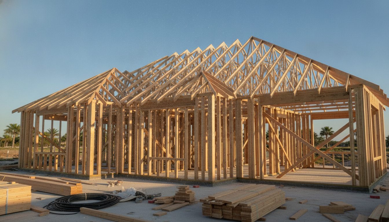 Wood framing and roof trusses of a custom home against a blue sky