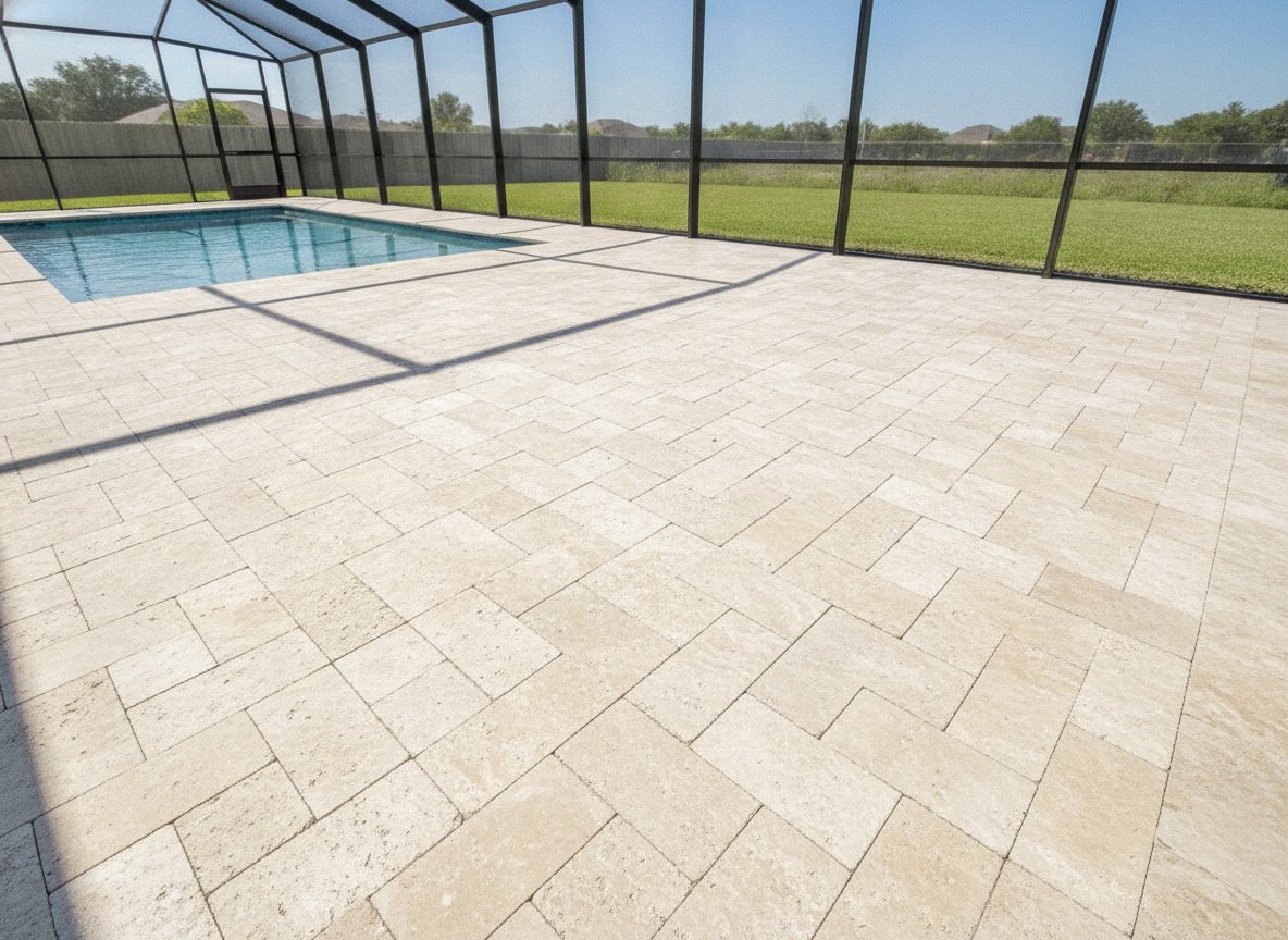 Finished travertine paver pool deck in warm cream and grey tones
